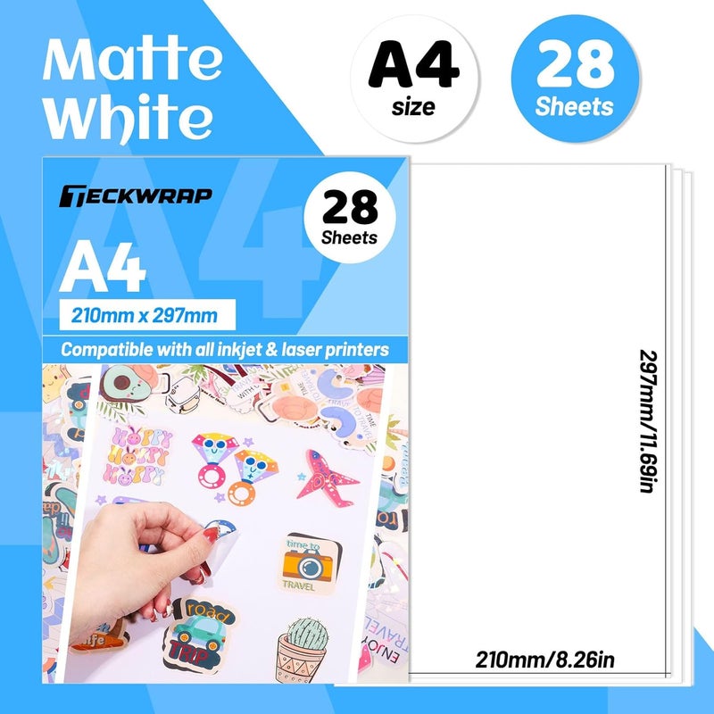 TECKWRAP Printable Vinyl Sticker Paper for Inkjet Printer Matte White Printable Sticker Paper Waterproof 8.26" x 11.69" A4 Size 28Pcs/Pack for Photo, Scrapbooking, Craft Cutters - Image 2